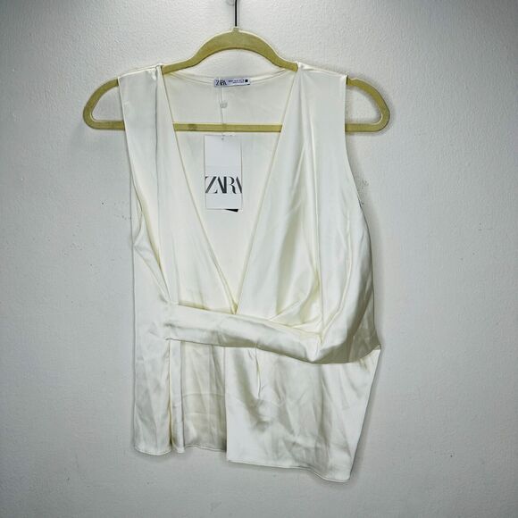 NWT Zara Cream Satin Sleeveless Knotted Front Effect Faux Wrap Blouse Top M - Picture 2 of 13